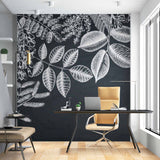 Chalkboard Botanical Mural Wallpaper - Intricate White Leaf and Dragonfly Design