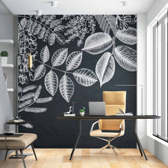 Custom Chalkboard Botanical Mural Wallpaper - Intricate White Leaf and Dragonfly Design