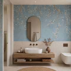 Blue cherry blossom wallpaper in a bathroom with oval mirror and wooden vanity.