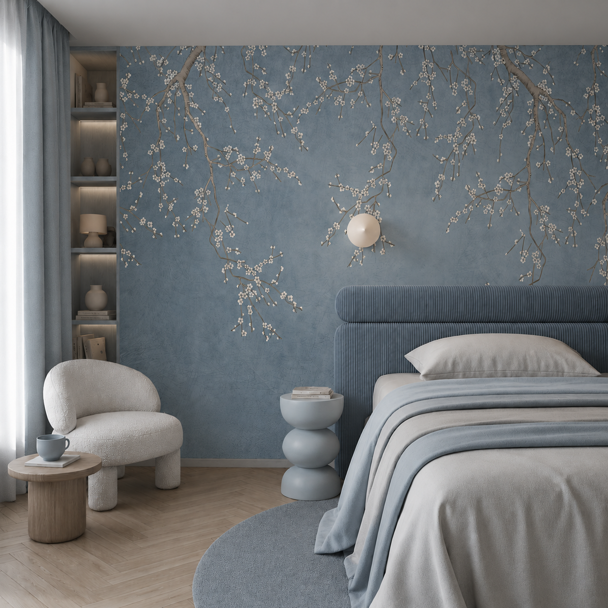 Blue cherry blossom wallpaper behind a blue headboard in a calm bedroom.