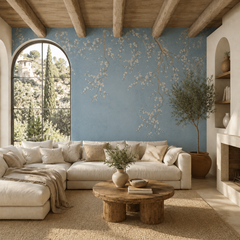 Blue cherry blossom wallpaper in a Mediterranean living room with arched window.