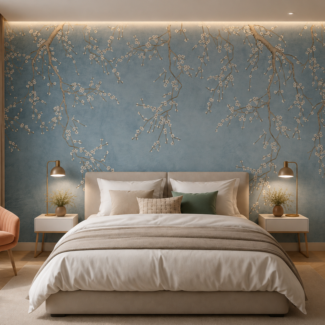 Blue cherry blossom wallpaper behind the bed in a warm bedroom.