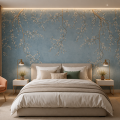 Blue cherry blossom wallpaper behind the bed in a warm bedroom.