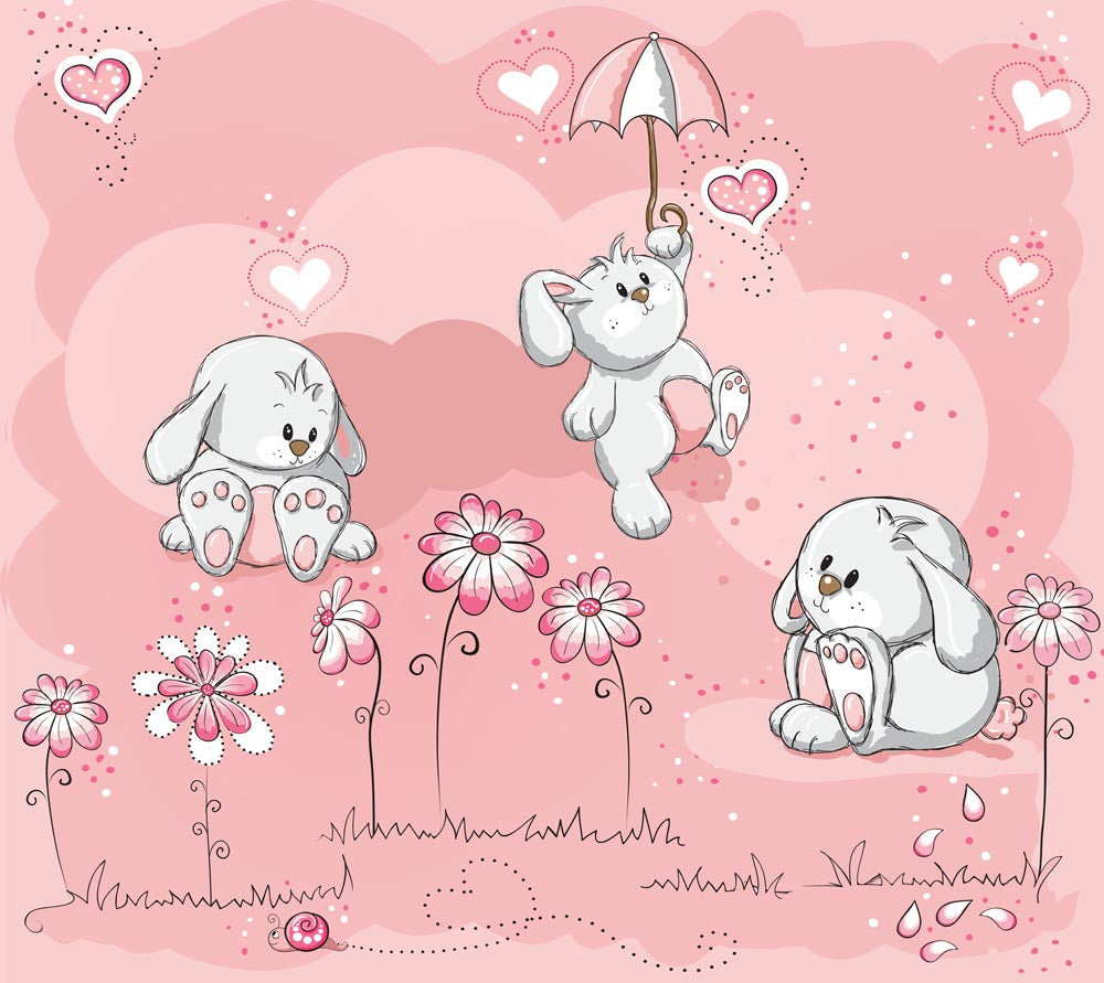 Papier peint lapin rose – Papier peint panoramique enfant avec lapins au parapluie, fleurs et cœurs
