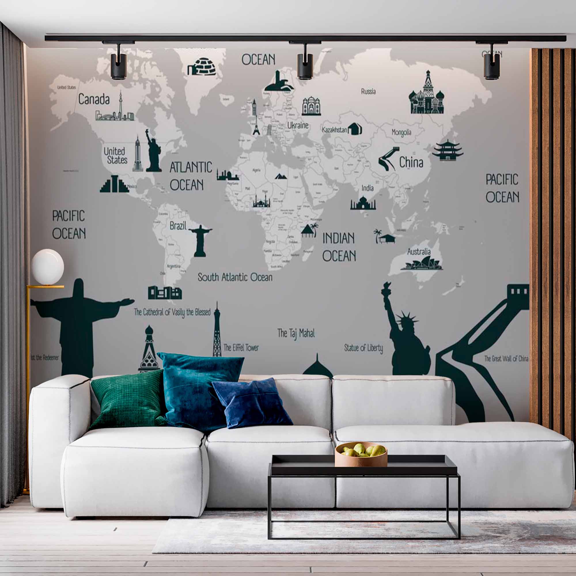 World Map Wall Mural Wallpaper with Iconic Landmarks and Monochrome Design