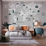 World Map Wall Mural Wallpaper with Iconic Landmarks and Monochrome Design