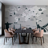 World Map Wall Mural Wallpaper with Iconic Landmarks and Monochrome Design