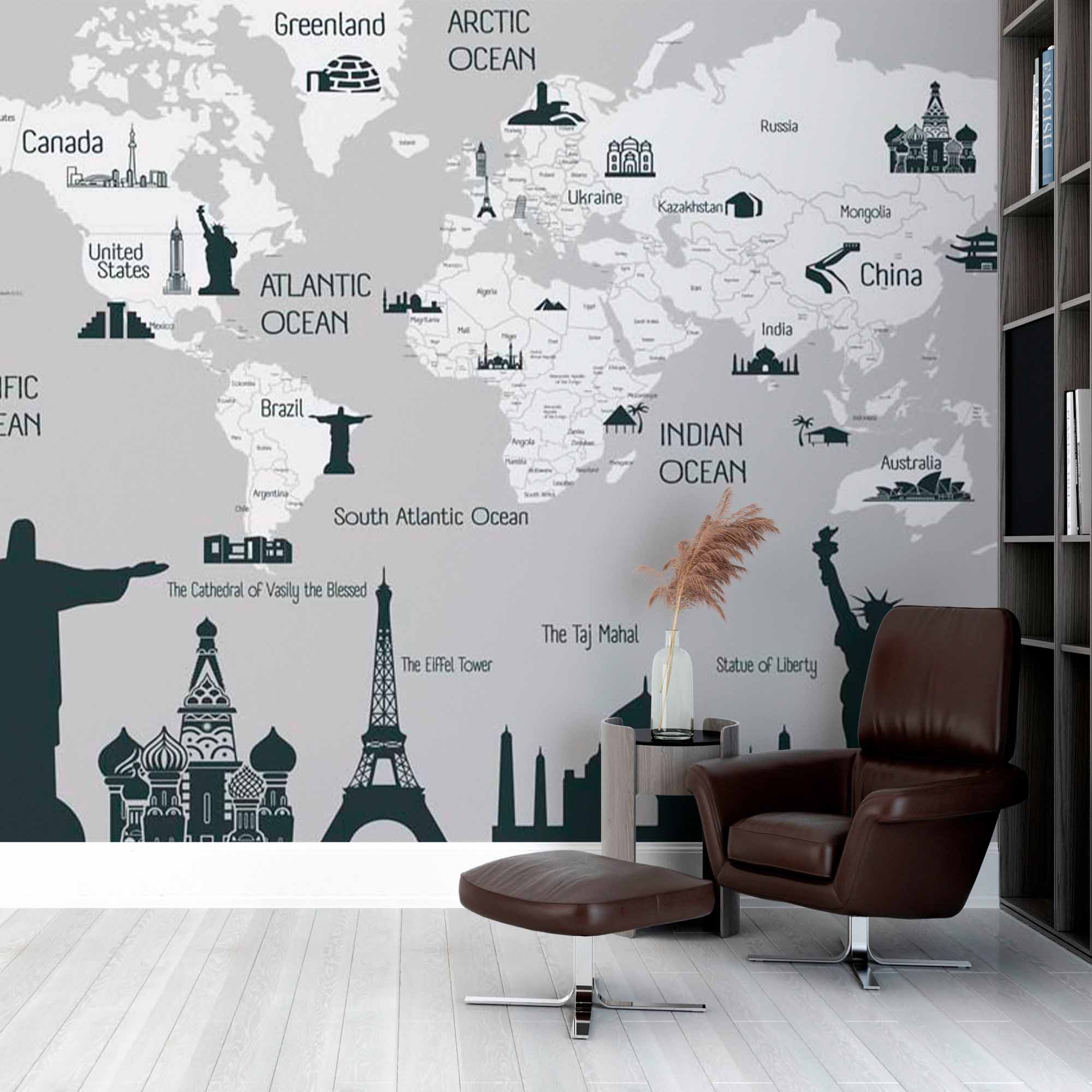 World Map Wall Mural Wallpaper with Iconic Landmarks and Monochrome Design