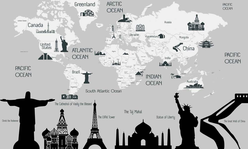 Kids World Map Famous Places Wall Mural Decals Posters for Girls Boys Baby Wallpaper for Kids