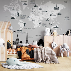 Custom Kids World Map Famous Places Wall Mural Decals Posters for Girls Boys Baby Wallpaper for Kids