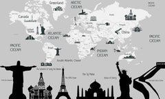 Custom Kids World Map Famous Places Wall Mural Decals Posters for Girls Boys Baby Wallpaper for Kids