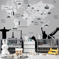 Custom Kids World Map Famous Places Wall Mural Decals Posters for Girls Boys Baby Wallpaper for Kids