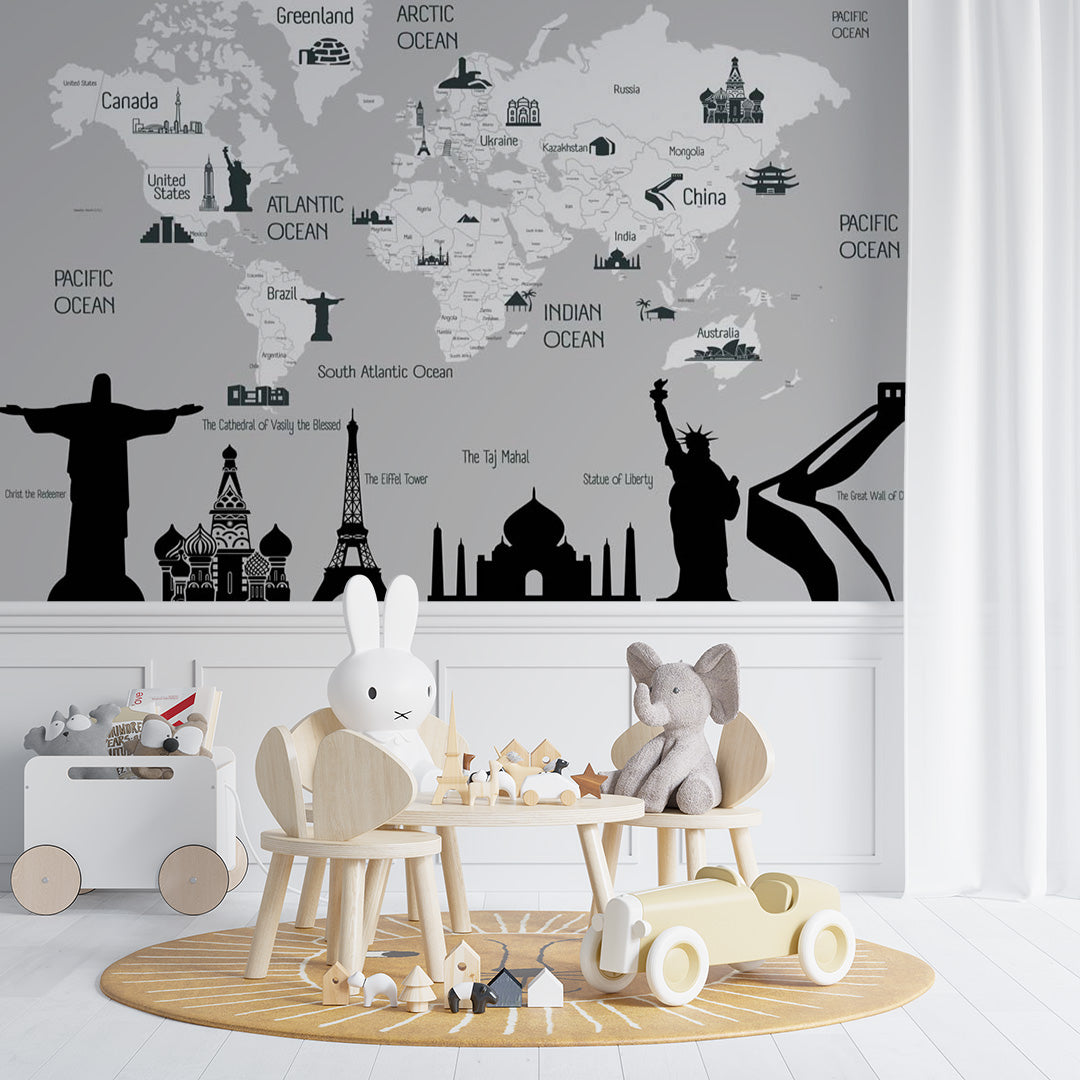 Kids World Map Famous Places Wall Mural Decals Posters for Girls Boys Baby Wallpaper for Kids