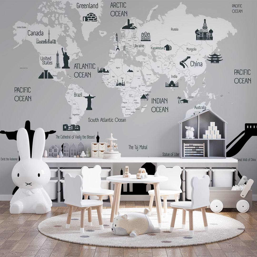 Kids World Map Famous Places Wall Mural Decals Posters for Girls Boys Baby Wallpaper for Kids