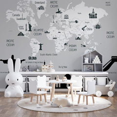 Custom Kids World Map Famous Places Wall Mural Decals Posters for Girls Boys Baby Wallpaper for Kids