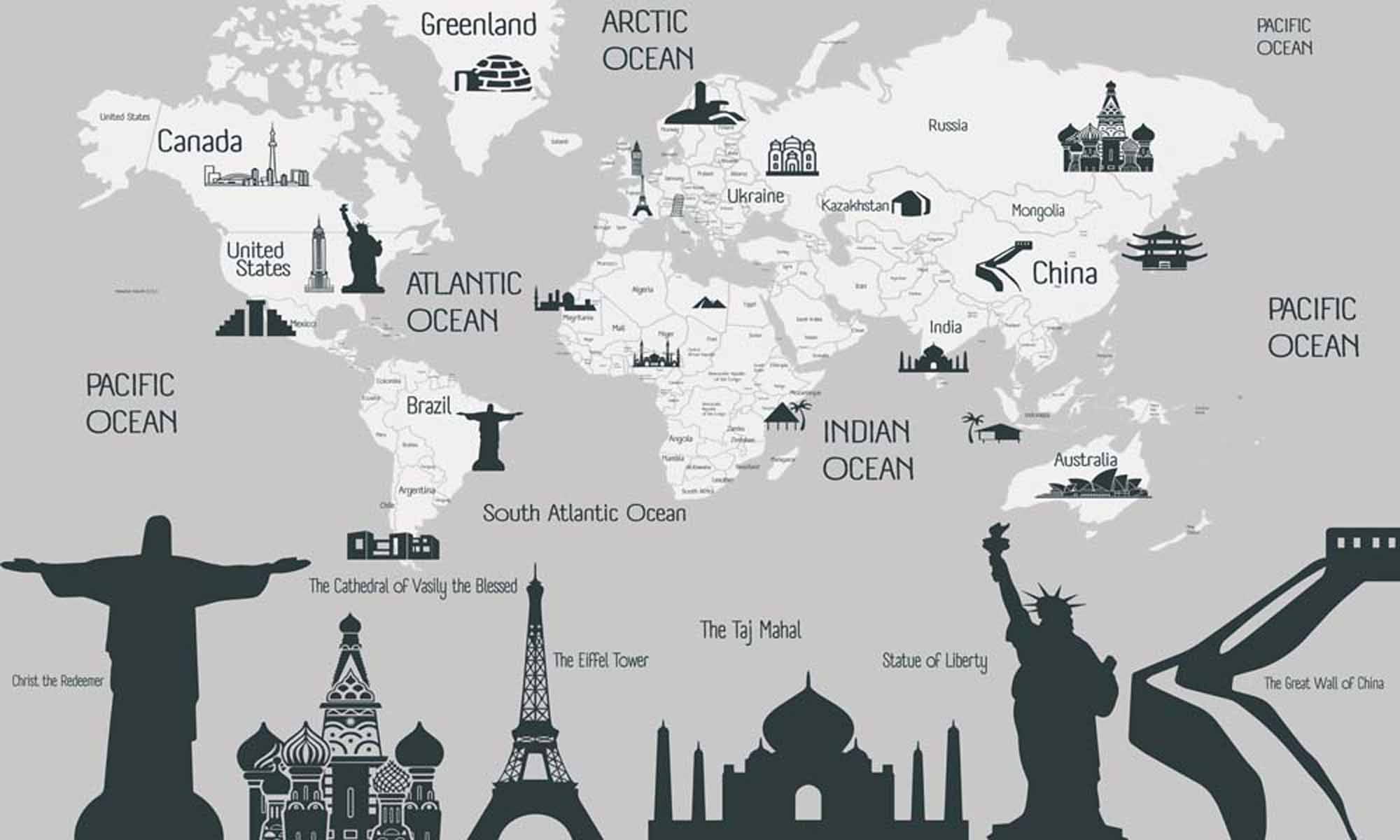 World Map Wall Mural Wallpaper with Iconic Landmarks and Monochrome Design