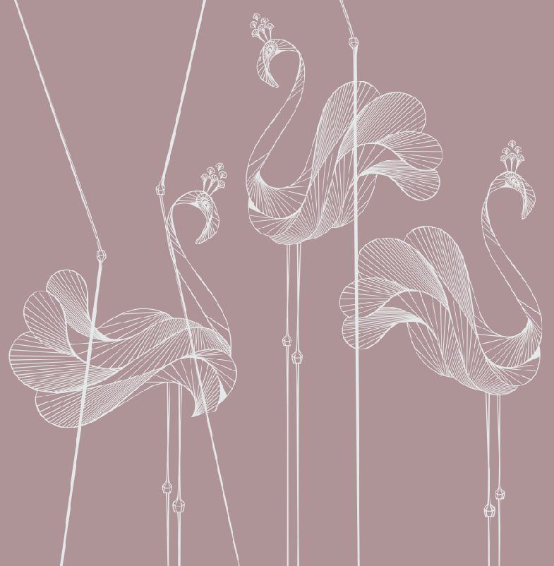 Papier peint flamants roses au trait – Flamants blancs sur vieux rose