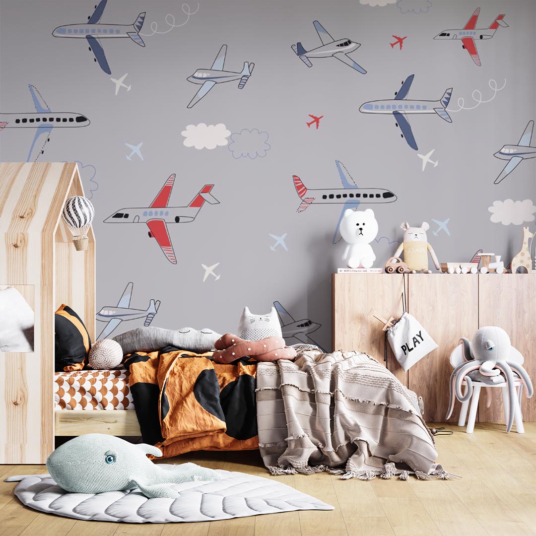 Kids Wall Mural Airplane Sky Pattern Wallpaper for Kids