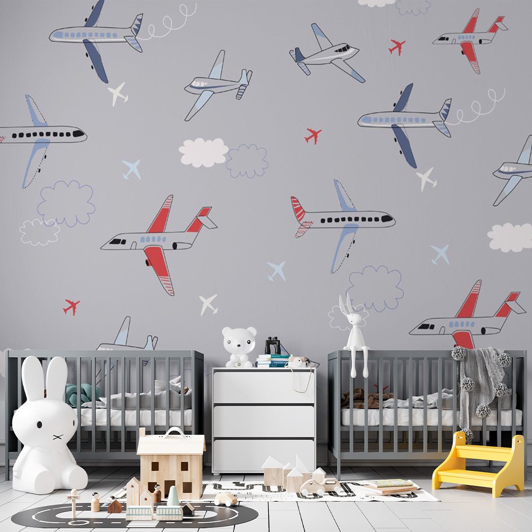 Kids Wall Mural Airplane Sky Pattern Wallpaper for Kids