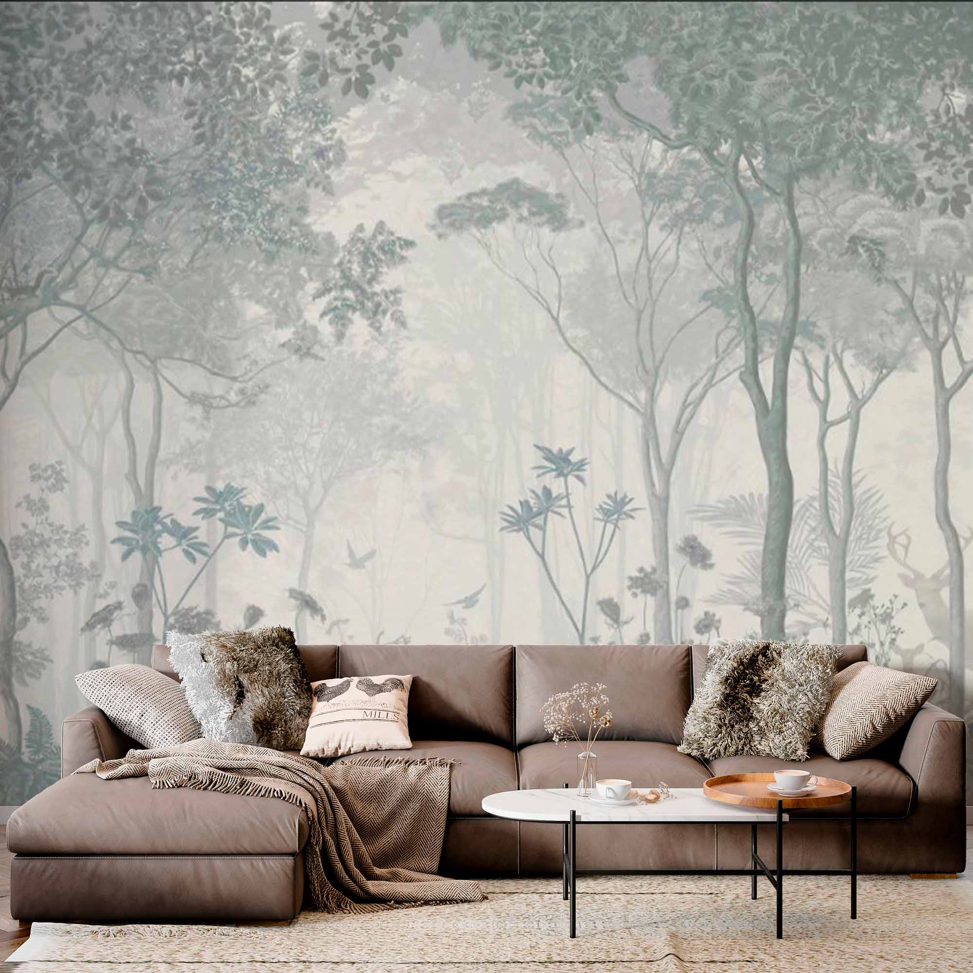 Forest with Flowers Silver Fresco Wall Mural Wallpaper