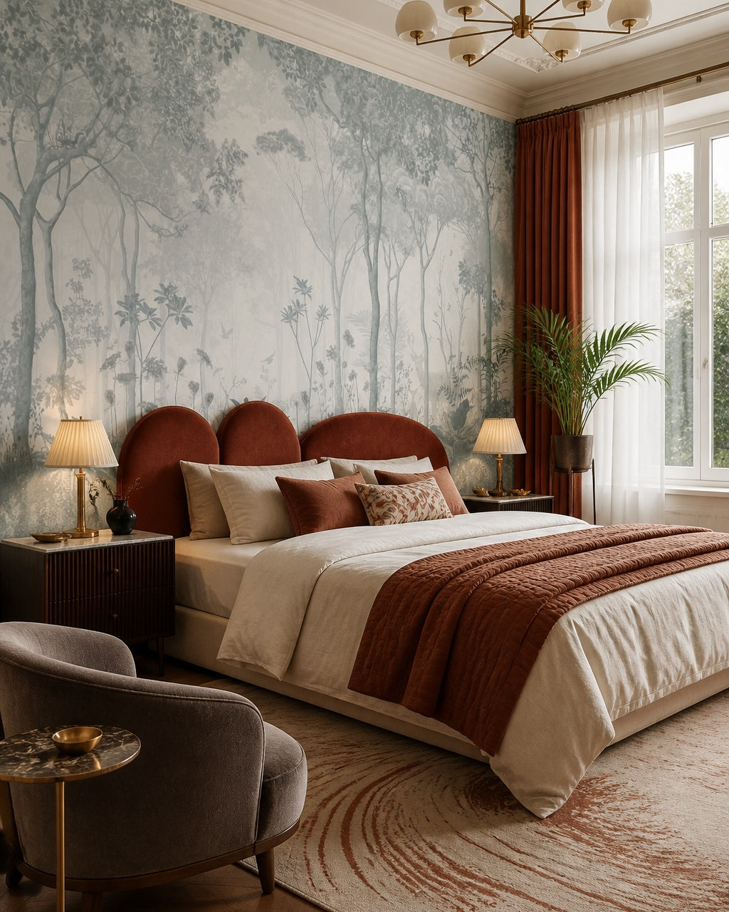 Silver forest fresco wallpaper in a designer bedroom.