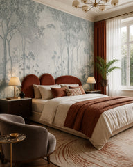 Silver forest fresco wallpaper in a designer bedroom.