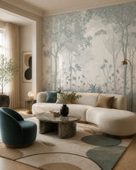 Silver forest fresco wallpaper in a designer living room.