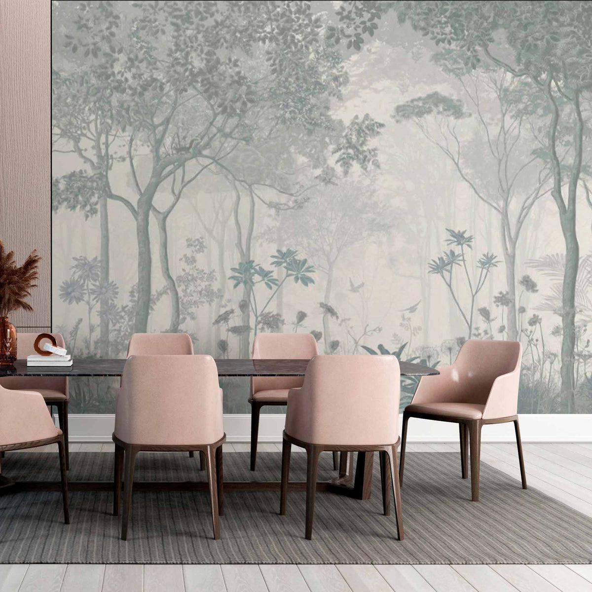 Forest with Flowers Silver Fresco Wall Mural Wallpaper