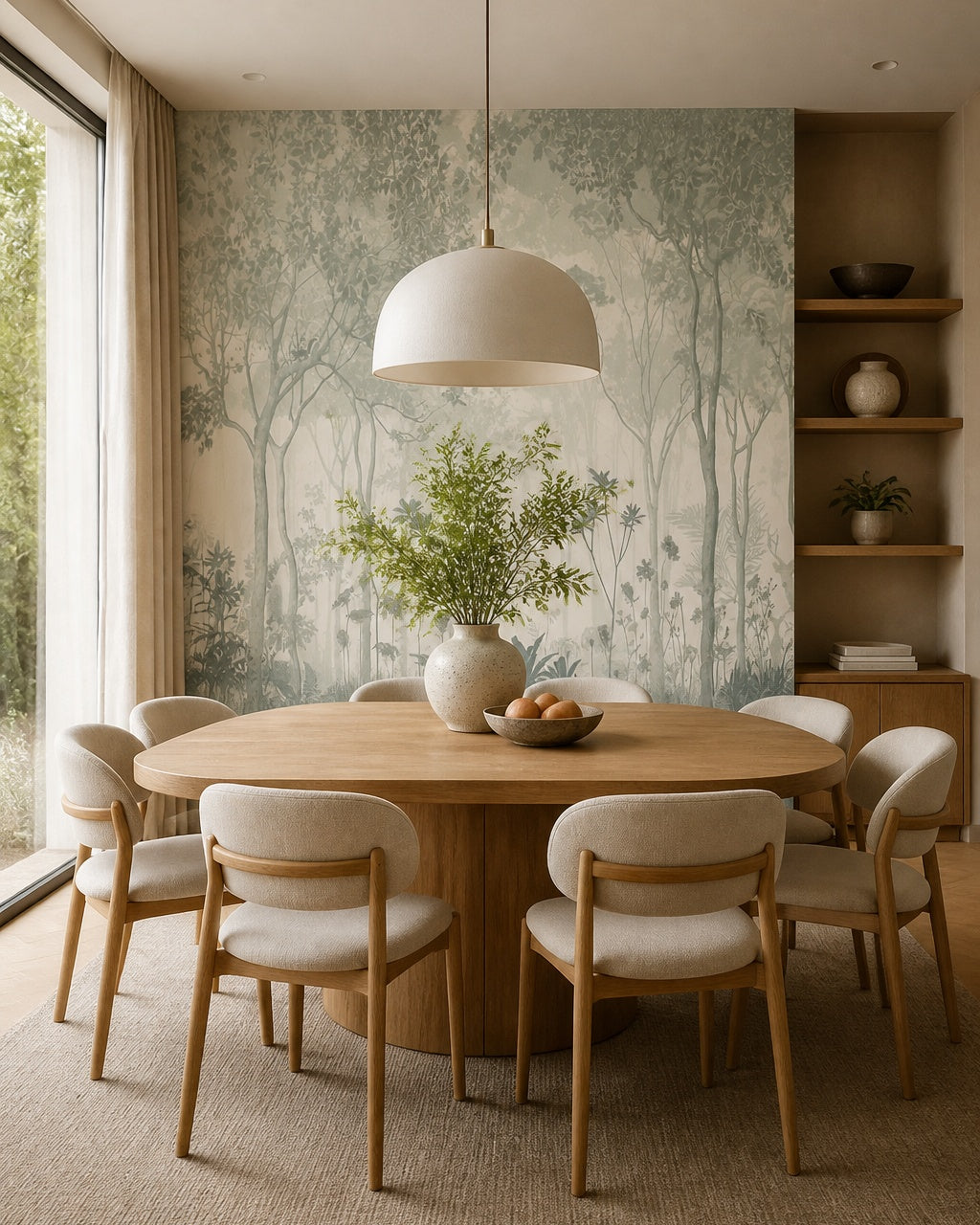 Silver forest fresco wallpaper in a refined dining area.
