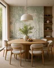Silver forest fresco wallpaper in a refined dining area.