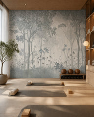 Silver forest fresco wallpaper in a fitness studio.