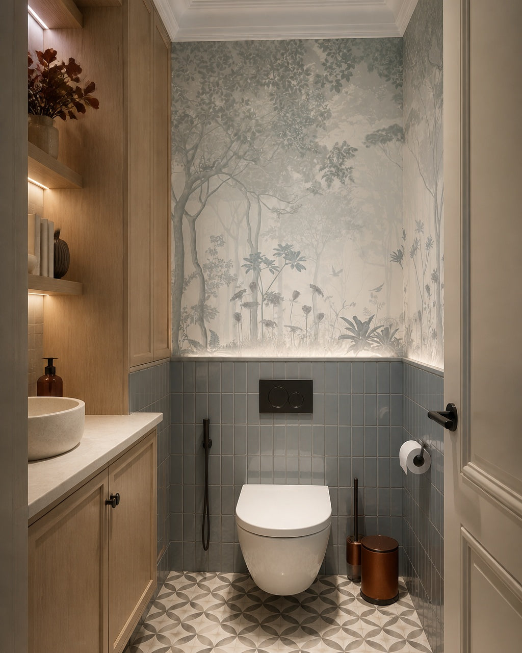 Silver forest fresco wallpaper in an elegant powder room.