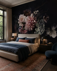 Dark floral bouquet wallpaper in a designer bedroom.