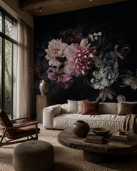 Dark floral bouquet wallpaper in a designer living room.
