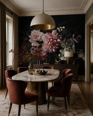 Dark floral bouquet wallpaper in a refined dining area.
