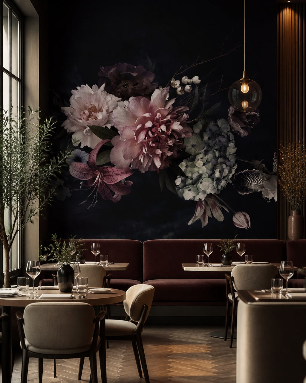 Dark floral bouquet wallpaper in a restaurant.