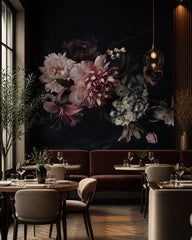 Dark floral bouquet wallpaper in a restaurant.