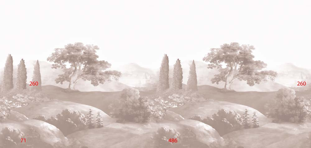 Papier peint toile paysage toscan – Panoramique gravure cyprès et collines