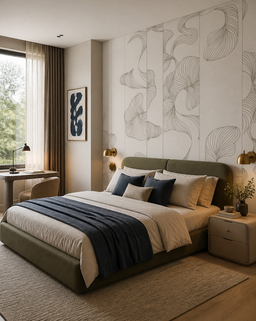 White line art flowers wallpaper in a designer bedroom.