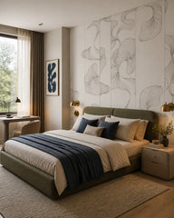 White line art flowers wallpaper in a designer bedroom.