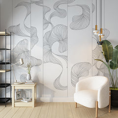 Custom Elegant Monochrome Floral Line Art Wall Mural Wallpaper - White on White Textured Design