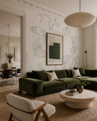 White line art flowers wallpaper in a designer living room.