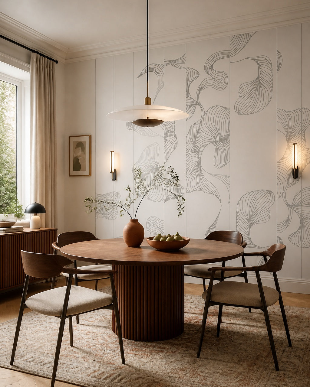 White line art flowers wallpaper in a refined dining area.