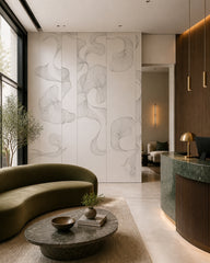 White line art flowers wallpaper in a boutique hotel lobby.