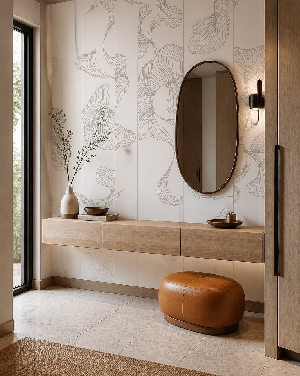 White line art flowers wallpaper in a designer entrance hall.