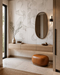 White line art flowers wallpaper in a designer entrance hall.