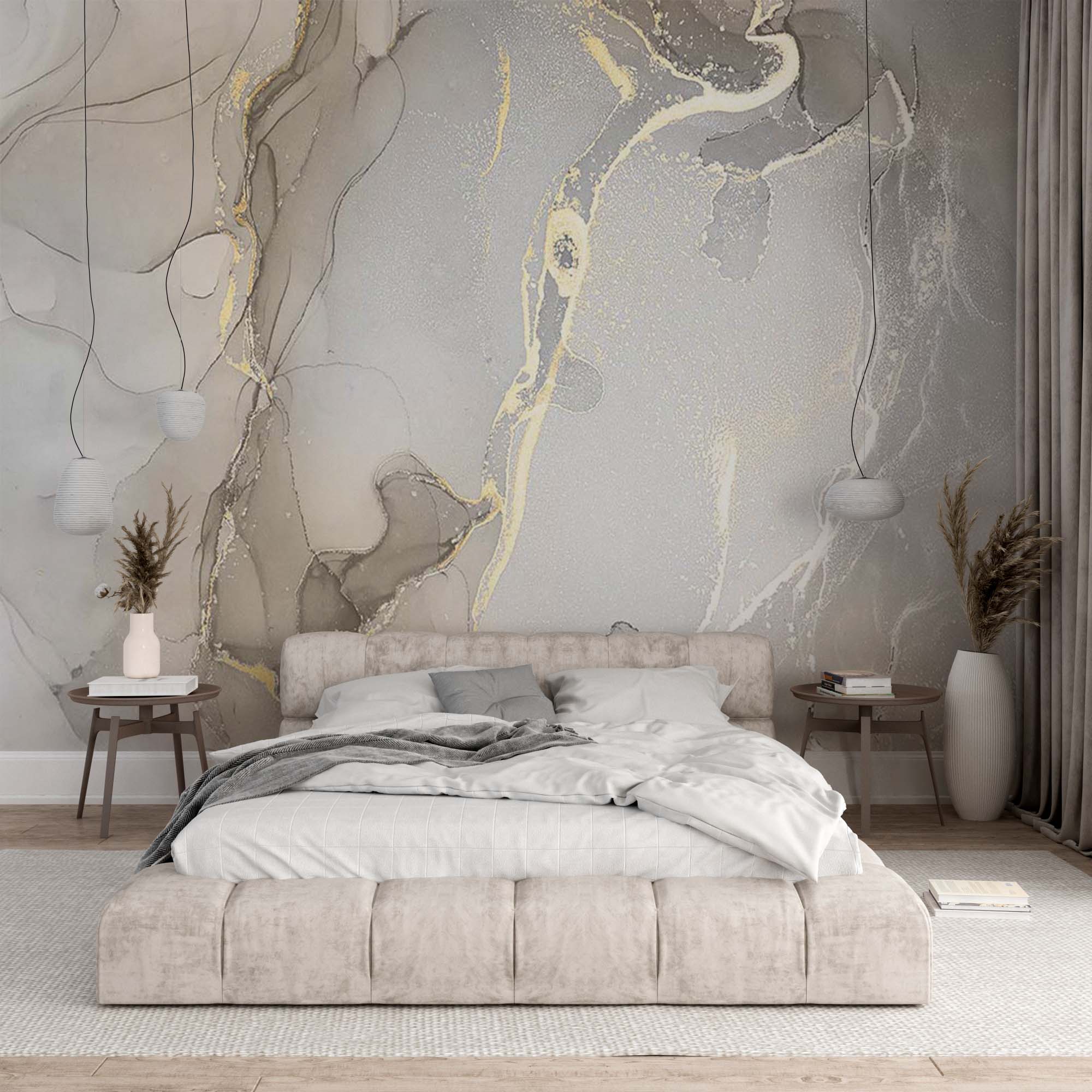 White Marble Wall Mural Art Gold Splashes Fluid Alcohol Ink Wallpaper