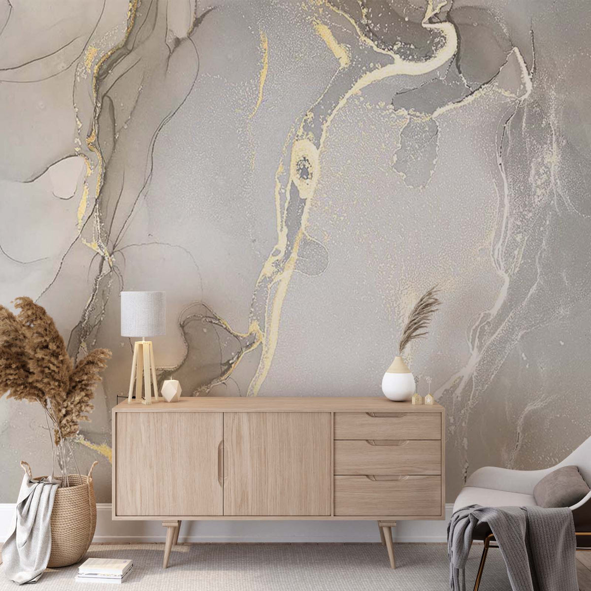 White Marble Wall Mural Art Gold Splashes Fluid Alcohol Ink Wallpaper