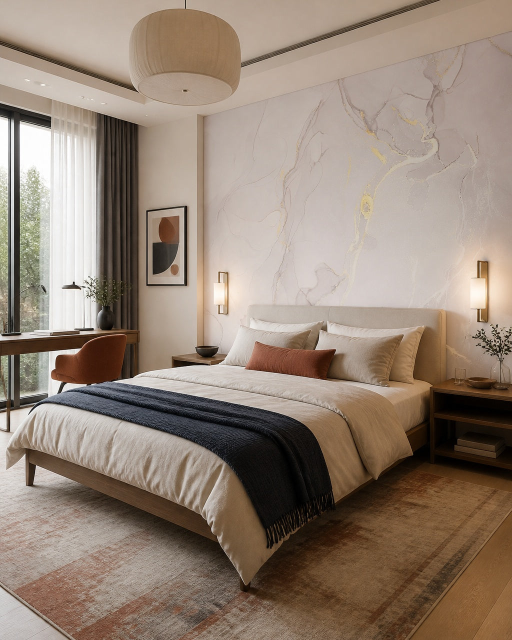 Soft greige & gold alcohol ink wall mural in a designer bedroom.