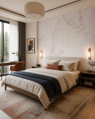 Soft greige & gold alcohol ink wall mural in a designer bedroom.
